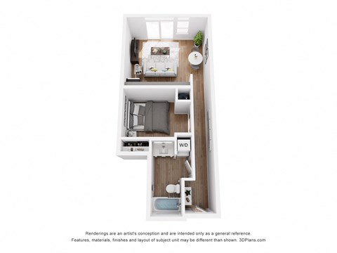 a stylized floor plan with a bedroom and a living room